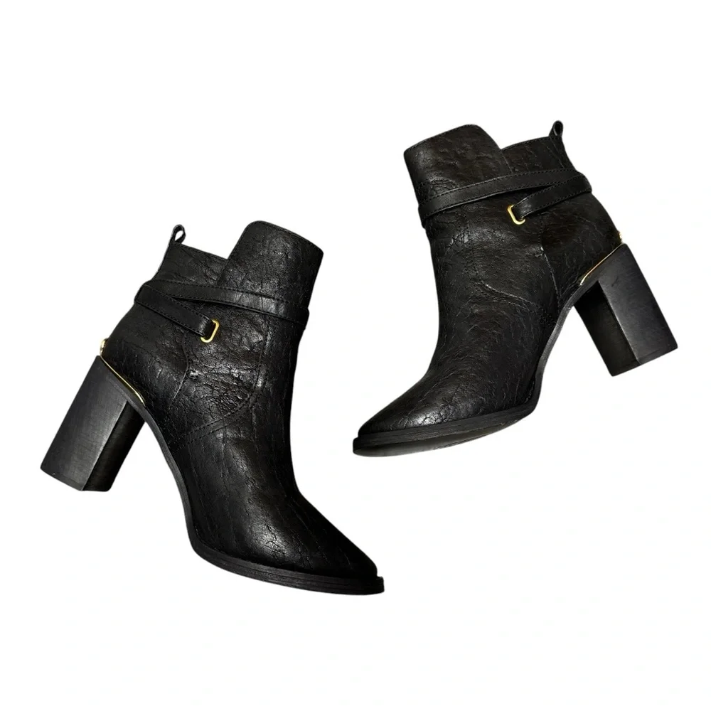 Tory Burch Kayden Buckle Strap Leather Ankle Boots Black 9.5